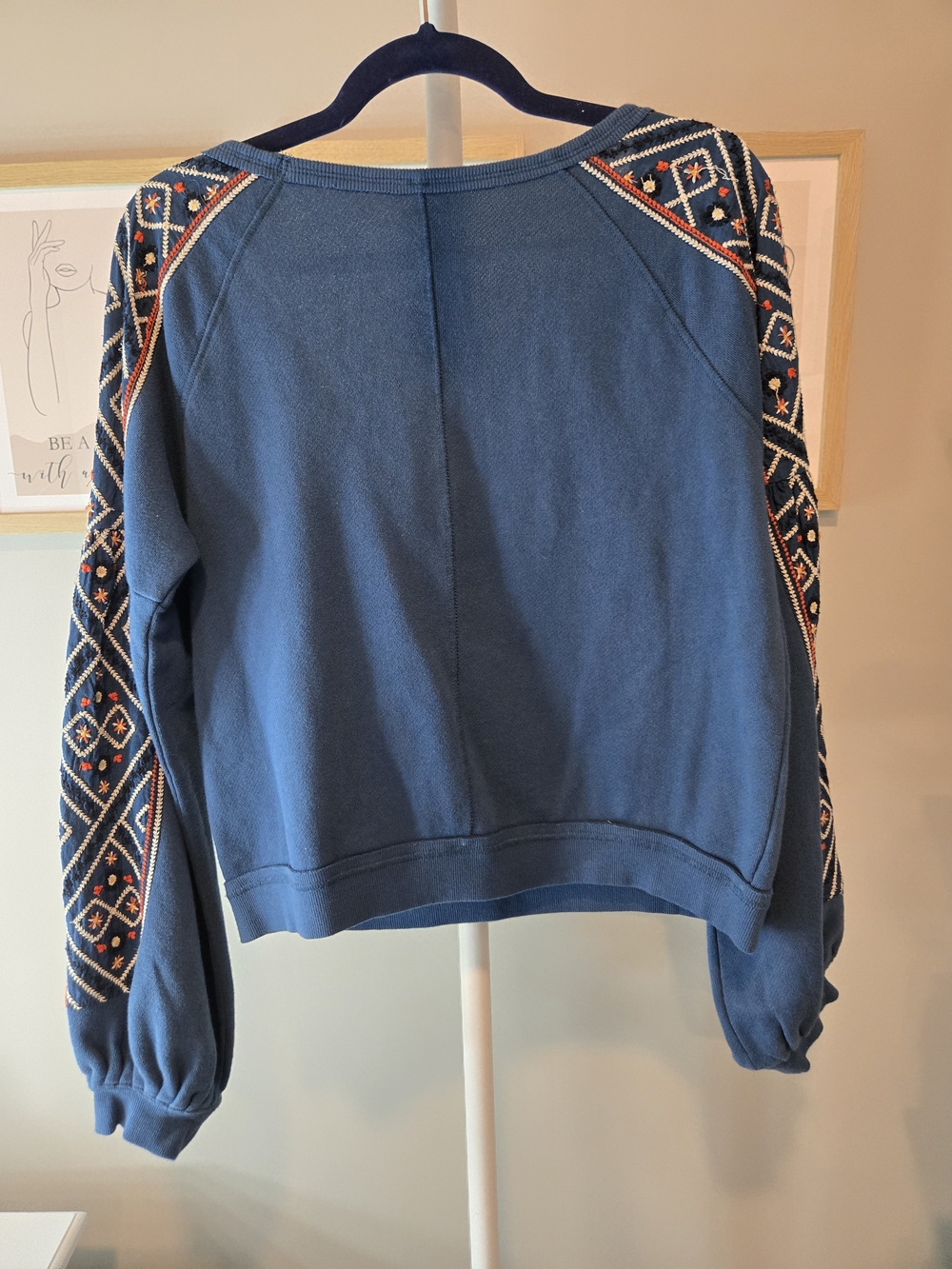 Free People Navy V-Neck Sweatshirt with Embroidered Sleeves Size Medium - Picture 8 of 8